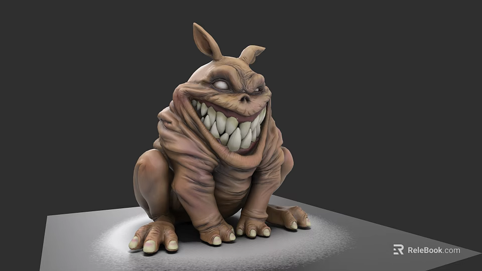 Grinning Brown 3D Monster Model With Big Ears Sharp Teeth Sitting On Platform 3d model