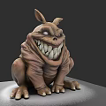 Grinning Brown 3D Monster Model With Big Ears Sharp Teeth Sitting On Platform 3d model