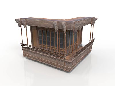 Detailed Traditional Wooden Balcony Structure With Carved Roof Columns And Railings 3d model
