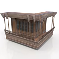 Detailed Traditional Wooden Balcony Structure With Carved Roof Columns And Railings
