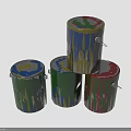 Four Colorful Paint Cans With Dripping Paint Accents On White Background