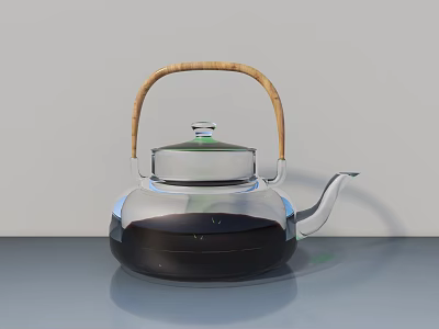 Transparent Glass Teapot With Wooden Handle And Dark Liquid On Gray Surface 3d model