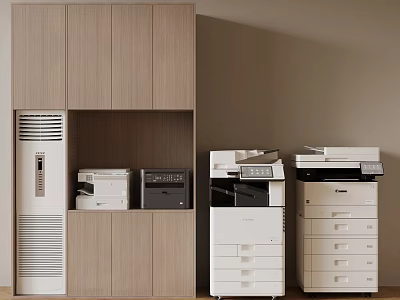 Office Appliances In Wooden Cabinet For Modern Office Workspace Organization 3d model