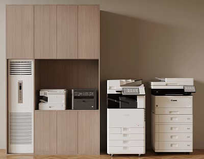 Office Appliances In Wooden Cabinet For Modern Office Workspace Organization 3d model