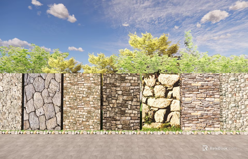 Diverse Stone Textured Building Exterior Wall With Lush Green Plants And Clear Blue Sky 3d model 