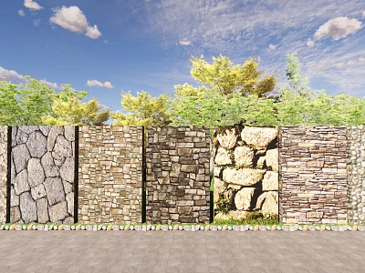 Diverse Stone Textured Building Exterior Wall With Lush Green Plants And Clear Blue Sky 3d model