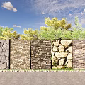 Diverse Stone Textured Building Exterior Wall With Lush Green Plants And Clear Blue Sky