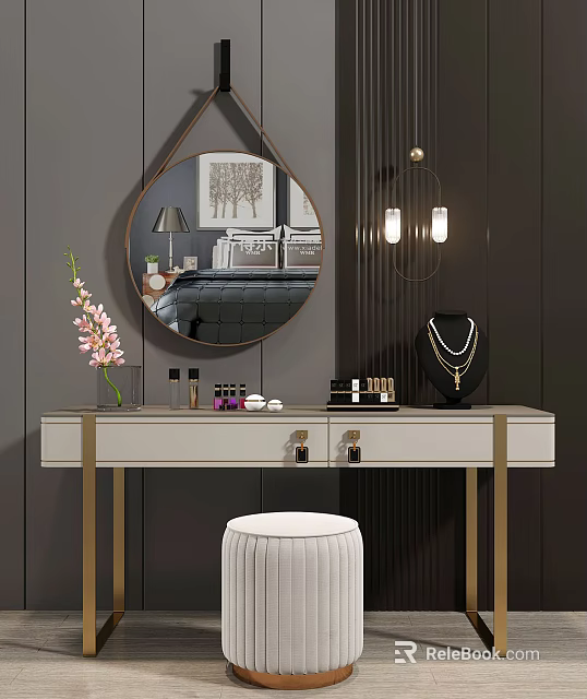 Light Gray Dressing Table With Gold Accents Pink Flowers Cosmetics And Round Mirror 3d model 