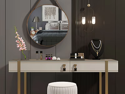 Light Gray Dressing Table With Gold Accents Pink Flowers Cosmetics And Round Mirror 3d model
