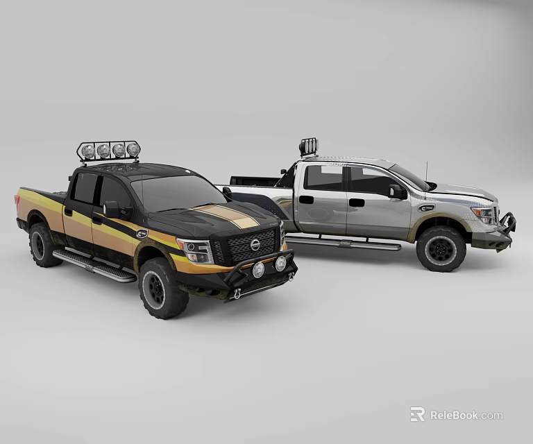 Two Different Colored Pickup Trucks Black Gold And Silver With Roof LED Light Bars 3d model 