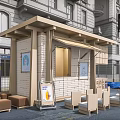 Wooden Coffee Shop Exterior With Outdoor Seating Awning And Coffee Display Shelves