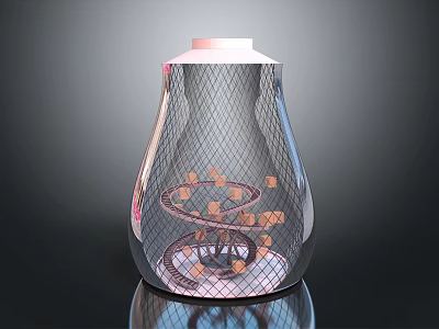 Cartoon Scene Bulb Shaped Container With Spiral Structure Small Cubes Mesh Cover Shiny Reflective Base 3d model