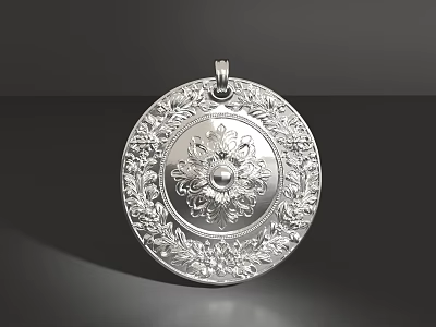 Silver Circular Pendant With Intricate Floral Pattern And Ornate Carvings 3d model