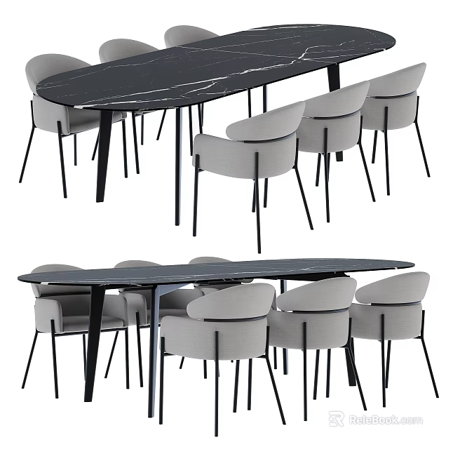 Modern Dining Table Set With Black Marble Tabletop And Light Gray Upholstered Chairs 3d model