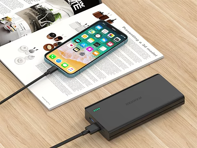 Smartphone Charging with Portable Power Bank on Magazine Over Wooden Table 3d model