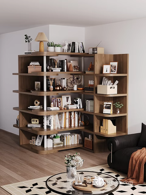 Wooden Multi Tier Shelving Unit With Books Photo Frames And Decor Items 3d model 