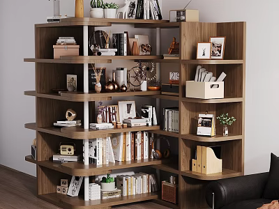Wooden Multi Tier Shelving Unit With Books Photo Frames And Decor Items 3d model