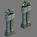 Carved Stone Pillars with Intricate Patterns and Lion Statues on Top 3d model
