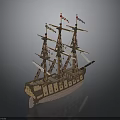 Ancient Sailing Ship Wooden Model With Multiple Masts And Colorful Flags