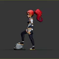 Game Character With Red Hair White And Blue Outfit Standing On Rock Green Grass