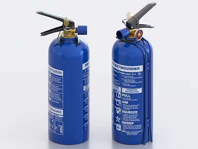 Two Blue Industrial Fire Extinguishers With Safety Instruction Labels For Workplace Safety 3d model