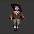 Childrens Vintage Doll With Large Hat Brown Orange Coat Green Plaid Shorts And Purple Shoes