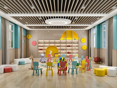 Kindergarten Interior Design With Colorful Chairs Toys Bookshelves And Wall Decorations 3d model