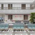 Court Service Hall Interior Design With Marble Counters Green Plant And Geometric Floor Pattern