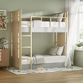 Wooden Bunk Bed In Bedroom With Window Nightstand And Decorative Painting