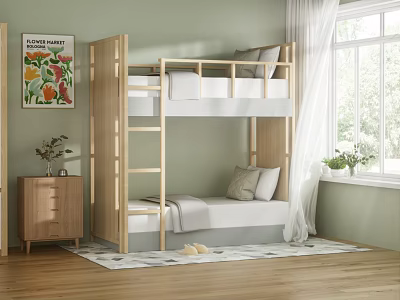 Wooden Bunk Bed In Bedroom With Window Nightstand And Decorative Painting 3d model