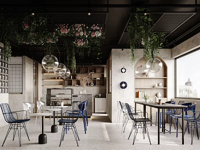 Modern Café Interior Design With Hanging Plants Spherical Pendant Lights Wooden Tables And Metal Chairs 3d model