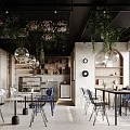 Modern Café Interior Design With Hanging Plants Spherical Pendant Lights Wooden Tables And Metal Chairs