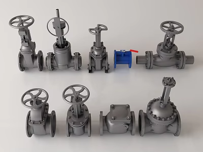 Various Types of Industrial Metal Valves with Blue Control Component 3d model