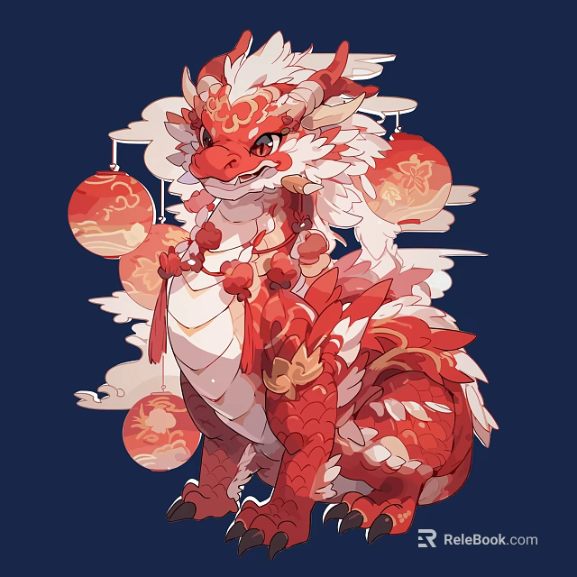 Vibrant Red And White Mythical Dragon Character With Hanging Lanterns And Clouds In Anime Style 3d model 