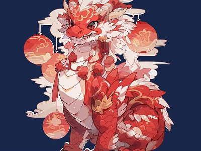 Vibrant Red And White Mythical Dragon Character With Hanging Lanterns And Clouds In Anime Style 3d model