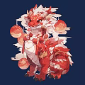 Vibrant Red And White Mythical Dragon Character With Hanging Lanterns And Clouds In Anime Style