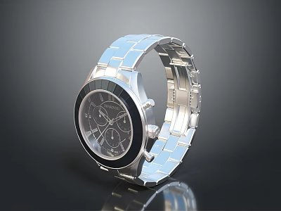 Luxury Silver Metallic Watch With Black Dial And Chronograph Design Features 3d model