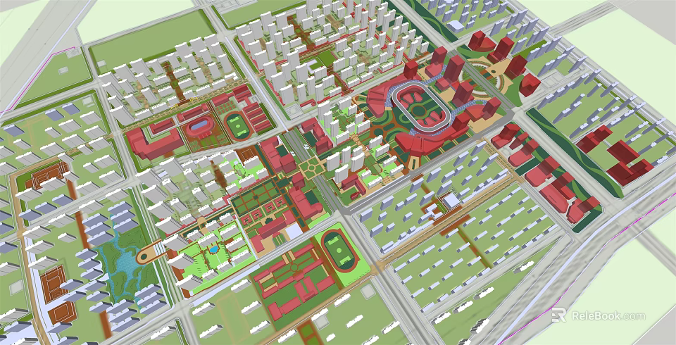 Aerial View Planning of Urban Community Layout With Buildings Green Spaces And Road Network 3d model 