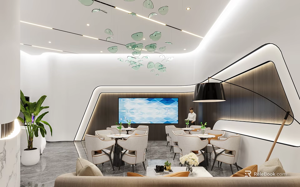 Modern Conference Room Interior With Large Screen Pendant Lamp And Comfortable Chairs 3d model 