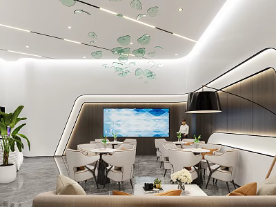 Modern Conference Room Interior With Large Screen Pendant Lamp And Comfortable Chairs 3d model
