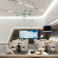 Modern Conference Room Interior With Large Screen Pendant Lamp And Comfortable Chairs
