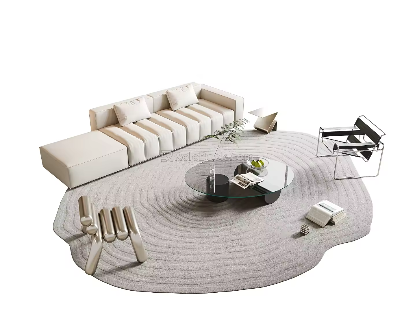 Italian Minimalist Sofa Coffee Table Combination Beige Multi-Person Sofa Leather Sofa Combination Sofa Straight Row Sofa Rock Board Combination Coffee Table Single Casual Chair Metal Casual 3d model