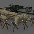 Military Weapon Tank Equipped With Sandbags Wooden Crates And Tripods Setup