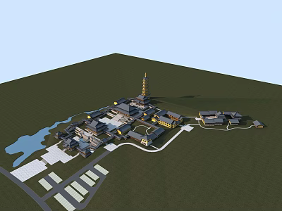 Ancient Architecture Complex With Traditional Tower Pond Courtyard And Classical Roofs 3d model