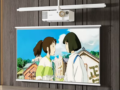 Projection Monitoring With Projector And Screen Showing Animated Scene Of Two Girls On Wooden Wall 3d model