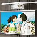 Projection Monitoring With Projector And Screen Showing Animated Scene Of Two Girls On Wooden Wall