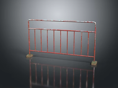 Red Metal Railing With Worn Surface And Square Base On Black Reflective Ground 3d model