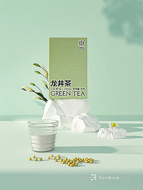Longjing Green Tea Package With Glass Cup Stones And Decorative Plant 3d model 