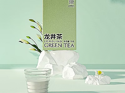 Longjing Green Tea Package With Glass Cup Stones And Decorative Plant 3d model