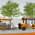 Mobile Food Carts In Outdoor Street Scene With Trees Balloons And People